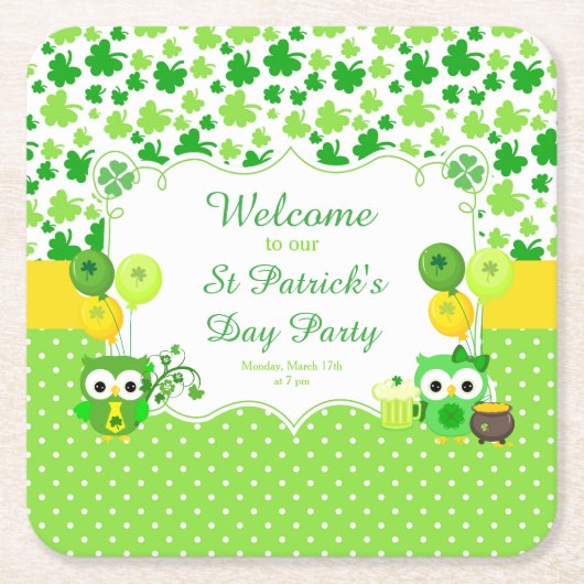 Cute Owls St Patrick's Day Party Kartonnen Onderzetters (Voorkant)