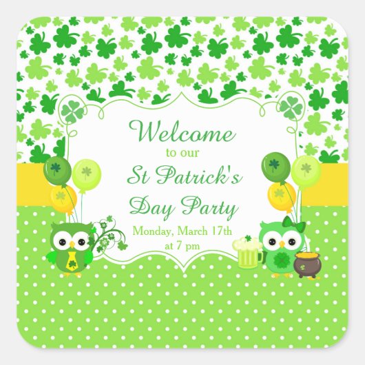 Cute Owls St Patrick's Day Party Vierkante Sticker (Voorkant)