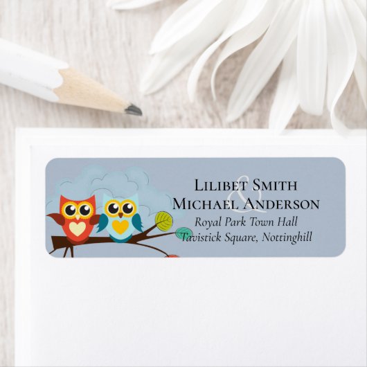 Cute OWLS Thmed Wedding Blue Sinaasappel Etiket (Insitu)
