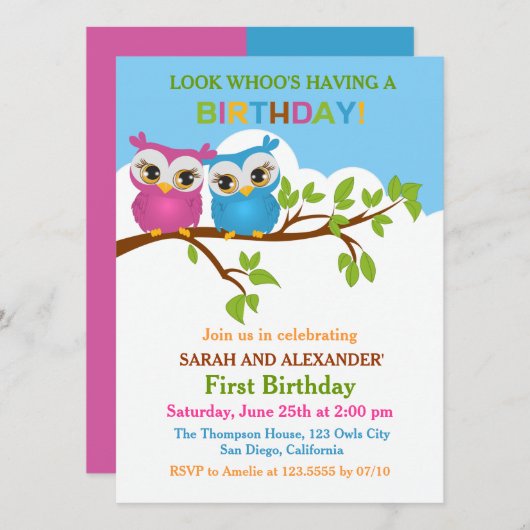 Cute Ownership on Branch Twins Birthday Party nodi Kaart (Voorkant / Achterkant)