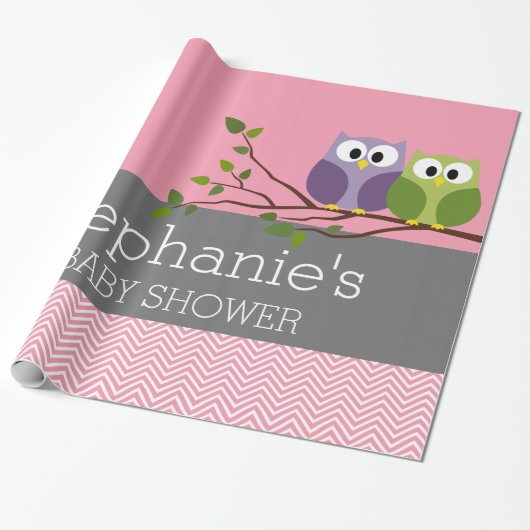 Cute Ows on Branch Baby Girl Shower Pink Cadeaupapier (Uitgerold)