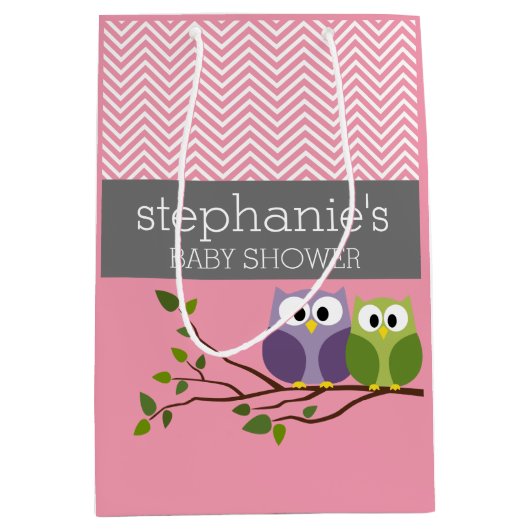 Cute Ows on Branch Baby Girl Shower Pink Medium Cadeauzakje (Voorkant)