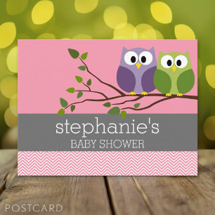 Cute Ows on Branch Baby Girl Shower Pink Uitnodiging Briefkaart