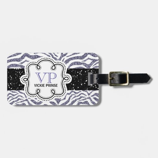 Cute Paars and White Faux Glitter Zebra ZigZag Bagagelabel (Voorkant horizontaal)