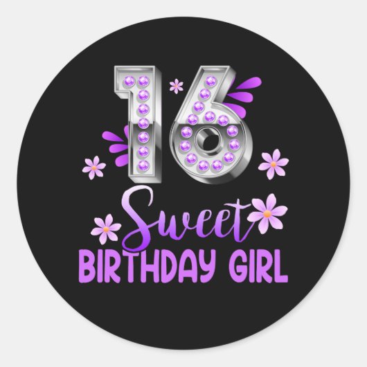 Cute Paars Black Sweet 16 Style I 16th Birthday S Ronde Sticker (Voorkant)