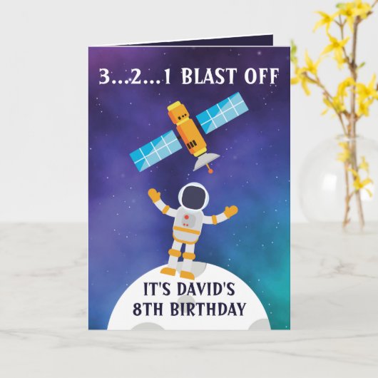 Cute Paars Blue Astronaut Satellite 8th Birthday Kaart (Gele Bloem)