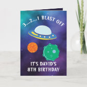 Cute Paars Blue Flying Saucer Galaxy 8th Birthday Kaart (Voorkant)