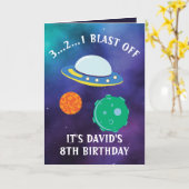 Cute Paars Blue Flying Saucer Galaxy 8th Birthday Kaart (Gele Bloem)