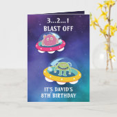 Cute Paars Blue Galaxy Monsters 8th Birthday Kaart (Gele Bloem)