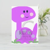 Cute Paars Bright Dinosaur Birthday Uitnodiging (Staand voorkant)