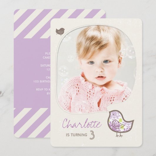 Cute Paars Damask Bird Foto Birthday Party Kaart (Voorkant / Achterkant)