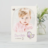 Cute Paars Damask Bird Foto Birthday Party Kaart (Staand voorkant)
