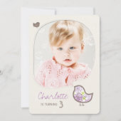 Cute Paars Damask Bird Foto Birthday Party Kaart (Voorkant)