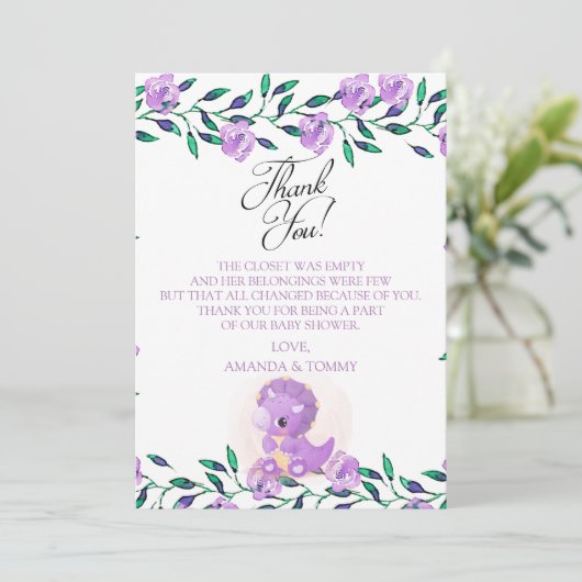 Cute Paars Dinosaur Baby shower Hartelijk dank Bedankkaart (Staand voorkant)