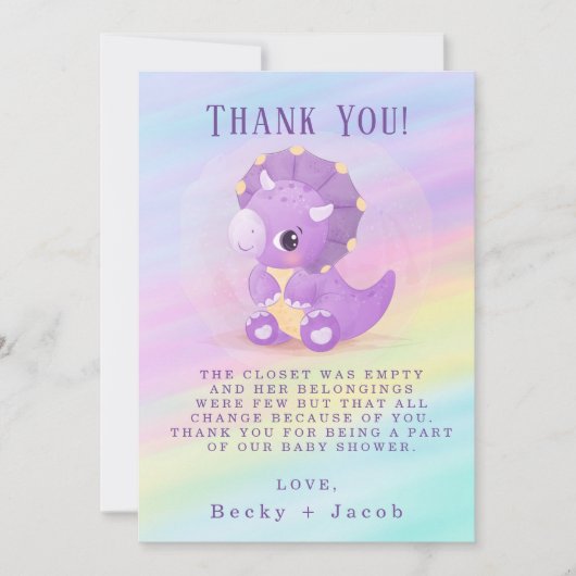Cute Paars Dinosaur Baby shower Hartelijk dank Bedankkaart (Voorkant)