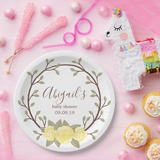 Cute Paars Gellow Wreated Baby shower Papieren Bordje (Feest)