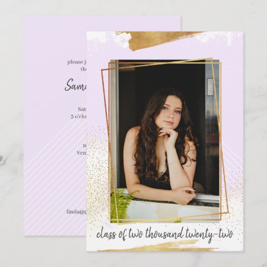 Cute Paars & Gold Framed Afstuderen Invitation Kaart (Voorkant / Achterkant)