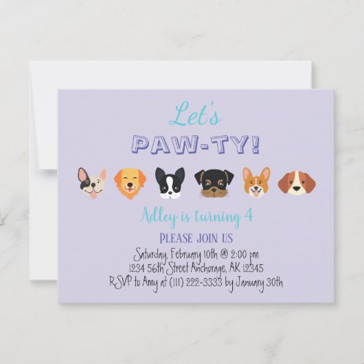 Cute Paars Let's Pawty Girl Puppy Birthday Party Kaart (Voorkant)