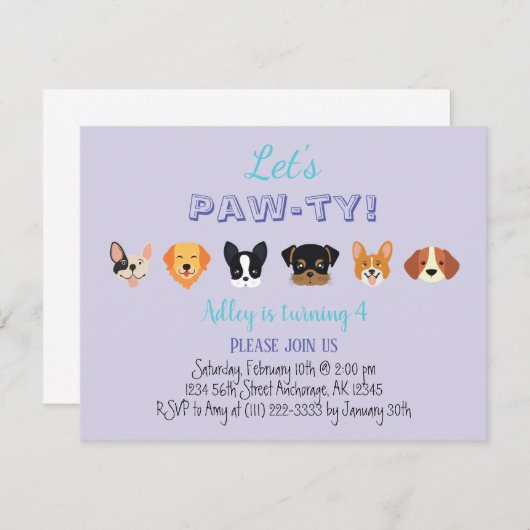 Cute Paars Let's Pawty Girl Puppy Birthday Party Kaart (Voorkant / Achterkant)