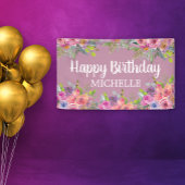 Cute Paars Pink Floral Happy Birthday Name Spandoek