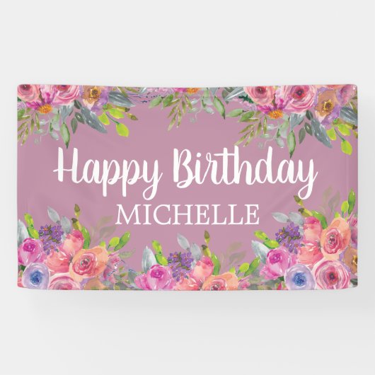 Cute Paars Pink Floral Happy Birthday Name Spandoek (Horizontaal)