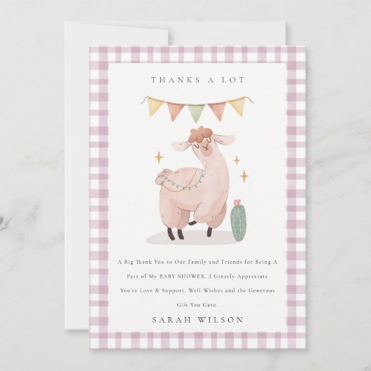 Cute Paars Play Cactus Boho Llama Baby shower Bedankkaart (Voorkant)