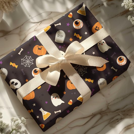Cute Paars Pumpkin Ghost Spider Halloween Pattern Cadeaupapier
