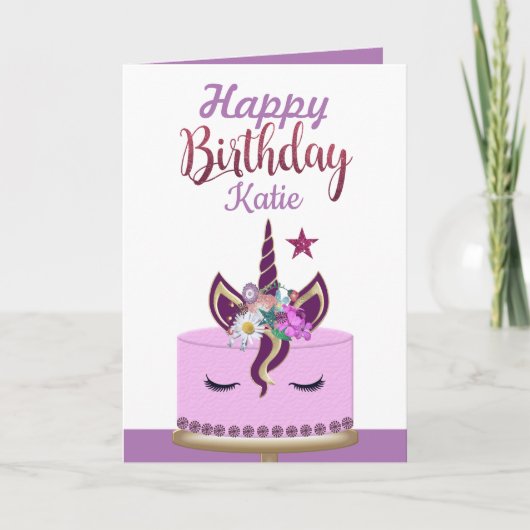 Cute Paars Unicorn Personalized Birthday Kaart (Voorkant)