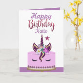 Cute Paars Unicorn Personalized Birthday Kaart (Gele Bloem)