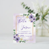  Cute Paars White Floral Gold Lijst Wedding Uitnodiging Briefkaart (Staand voorkant)