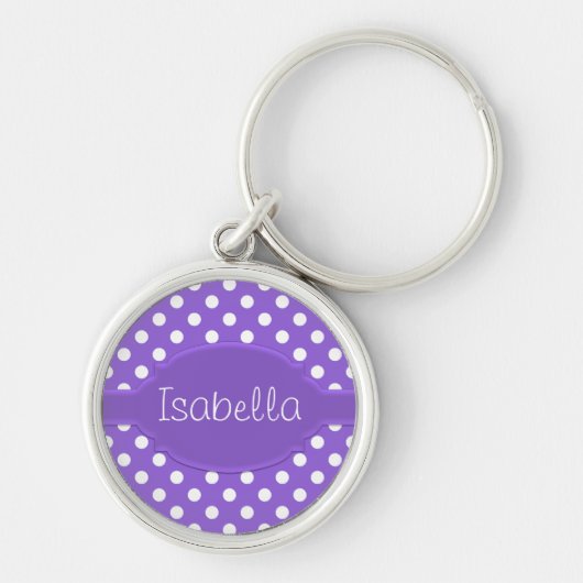 Cute Paars & White Polka Dot Pattern & Name plate Sleutelhanger (Voorkant)