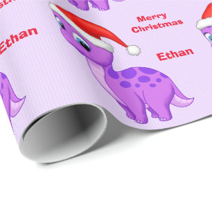 Cute Paarse Baby Dinosour met Santa Hat Cadeaupapier