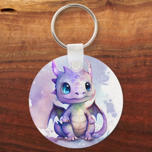 Cute Paarse Baby Dragon Waterverf Sleutelhanger (Voorkant)