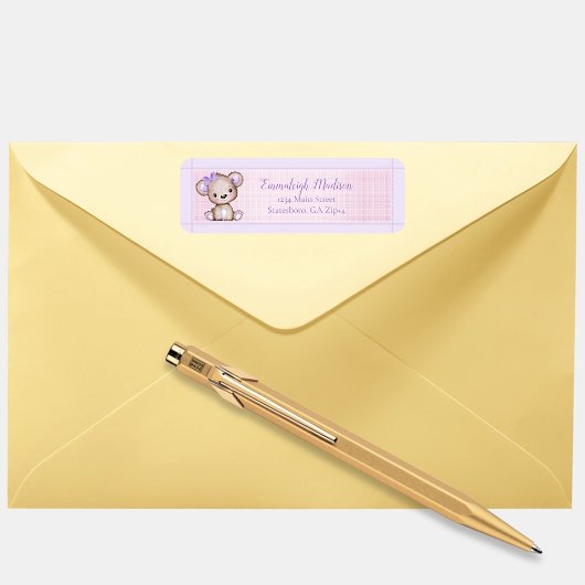 Cute Paarse Beer Girl Baby shower Return Address Etiket