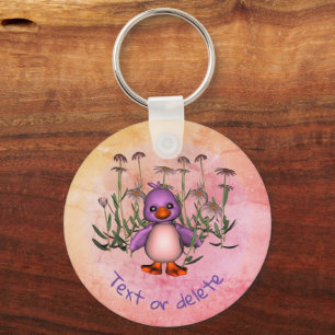 Cute Paarse Bird and Daisy Flowers, gepersonalisee Sleutelhanger