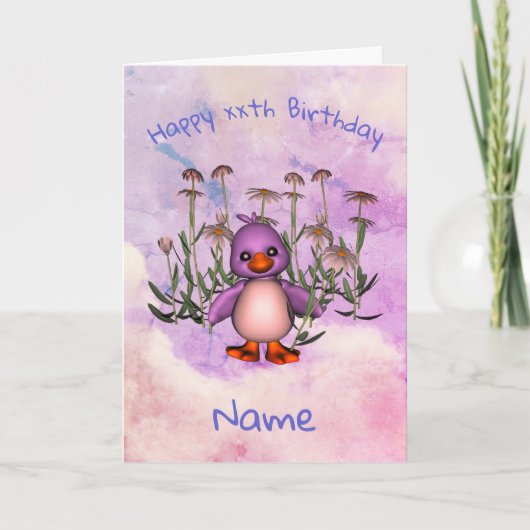 Cute Paarse Bird Daisy Personalized Birthday Kaart (Voorkant)
