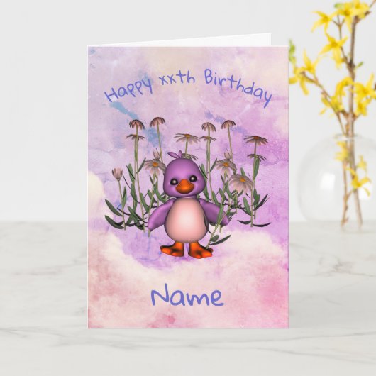 Cute Paarse Bird Daisy Personalized Birthday Kaart (Gele Bloem)