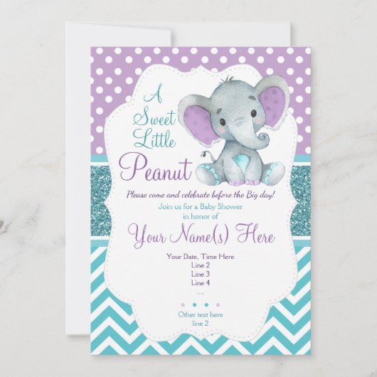 Cute Paarse Blauwgroen Elephant Invitation Baby sh Kaart (Voorkant)