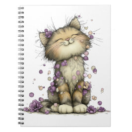 Cute Paarse Bloemrijke Kat Spiral Notebook, Whimsi Notitieboek