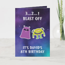 Cute Paarse Blue Space Monsters 8th Birthday Kaart
