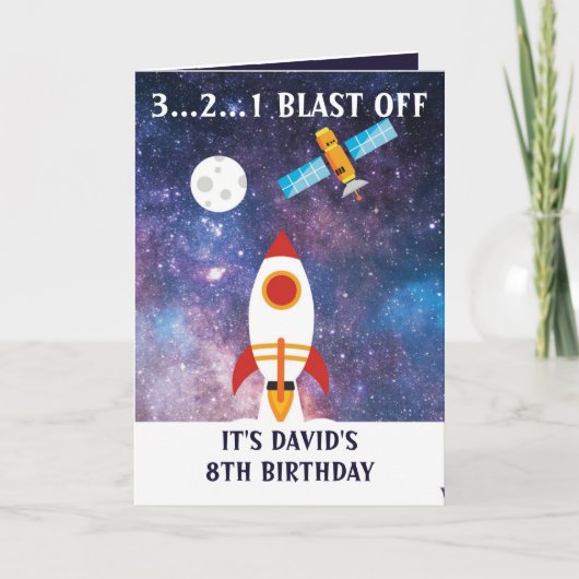 Cute Paarse Blue Space Rocket Moon 8th Birthday Kaart (Voorkant)