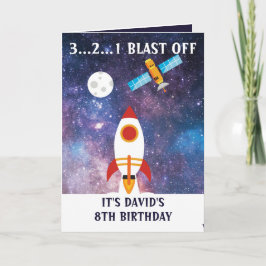 Cute Paarse Blue Space Rocket Moon 8th Birthday Kaart
