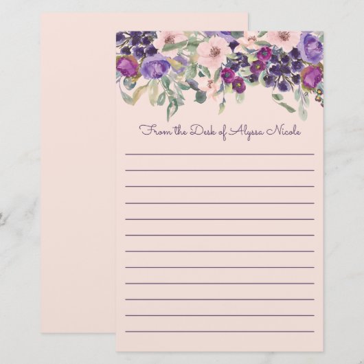 Cute Paarse Blush Pink Floral White Lined Briefpapier (Voorkant / Achterkant)