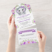 Cute Paarse Bow Floral Elephant Baby shower All In One Uitnodiging (Afscheurbaar)