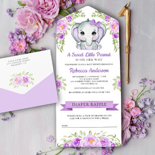 Cute Paarse Bow Floral Elephant Baby shower All In One Uitnodiging