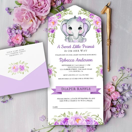 Cute Paarse Bow Floral Elephant Baby shower All In One Uitnodiging