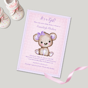 Cute Paarse Bruine Meisje Beer Babyshower Uitnodig Kaart