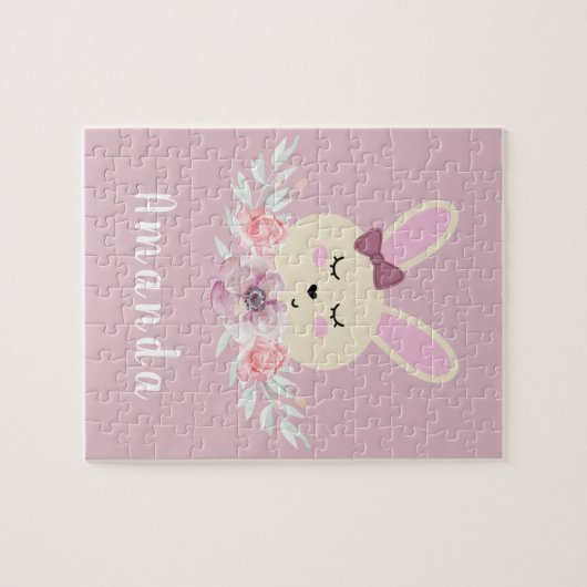 Cute Paarse Bunny Rabbit Kinder Custom Name Legpuzzel (Horizontaal)