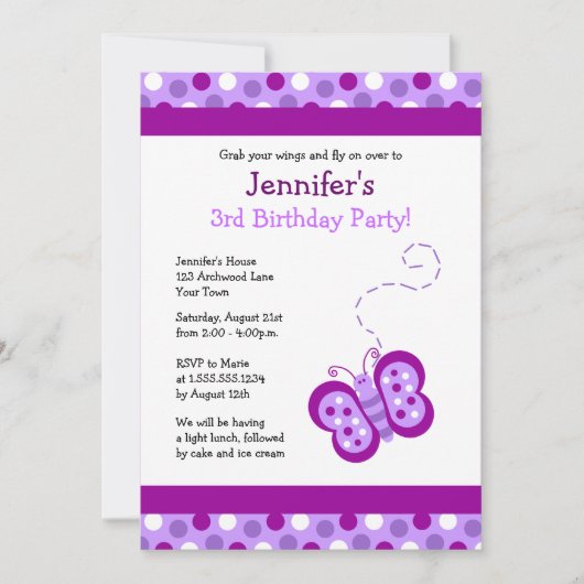 Cute Paarse Butterfly & Polka Dots Birthday Invite Kaart (Voorkant)