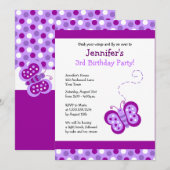 Cute Paarse Butterfly & Polka Dots Birthday Invite Kaart (Voorkant / Achterkant)